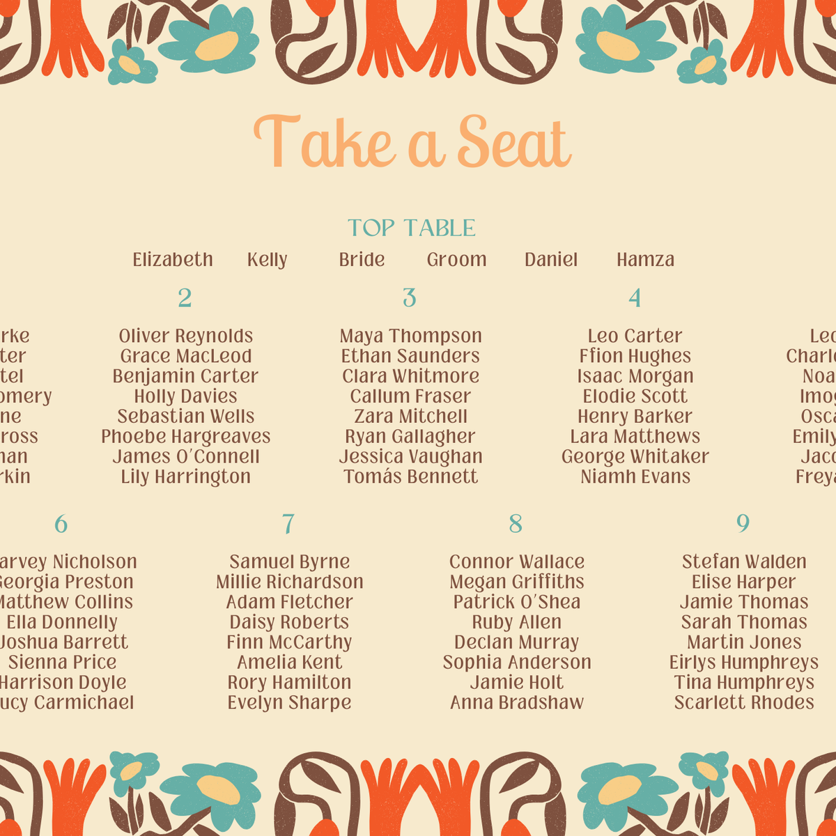 retro cream wedding seating plan personalised - custom wedding seating chart