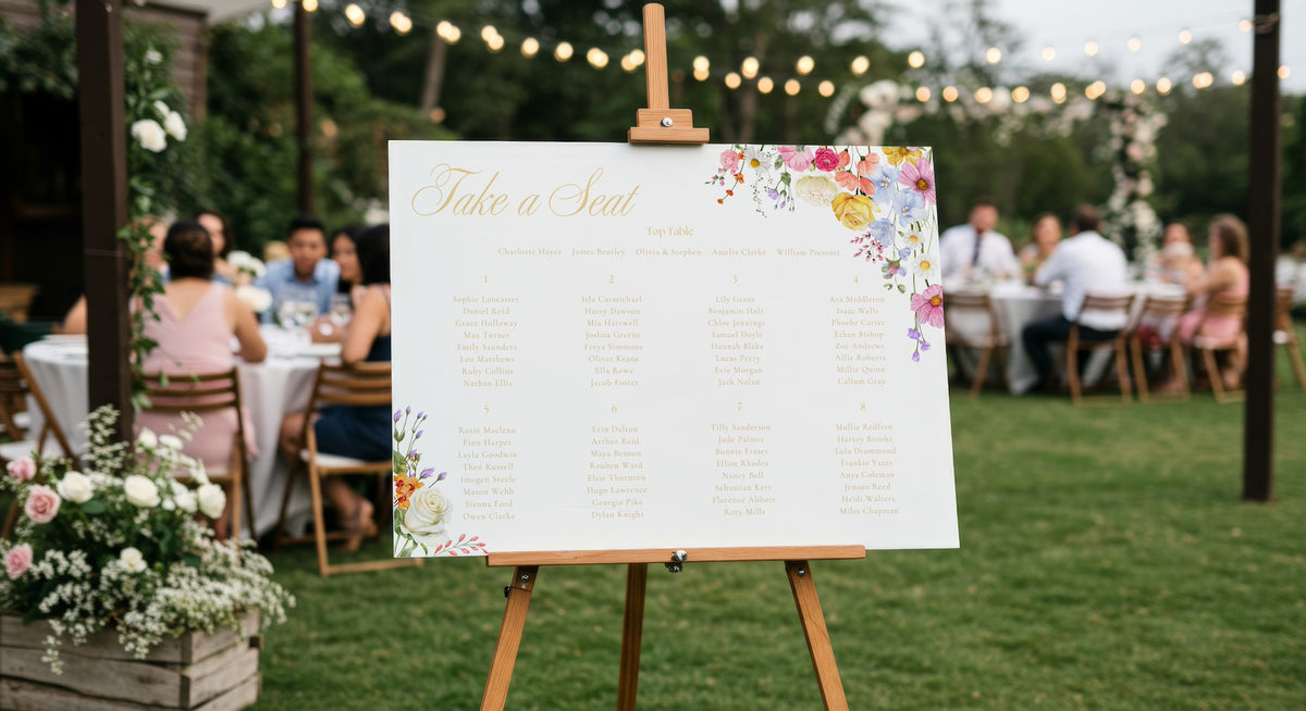 Take A Seat custom seating plan wedding sign - Our Summer Collection features beautiful wedding stationery and signage with gentle summer colours, vibrant florals, and soft butter yellow text – perfect for adding a fresh, romantic feel to your special day.