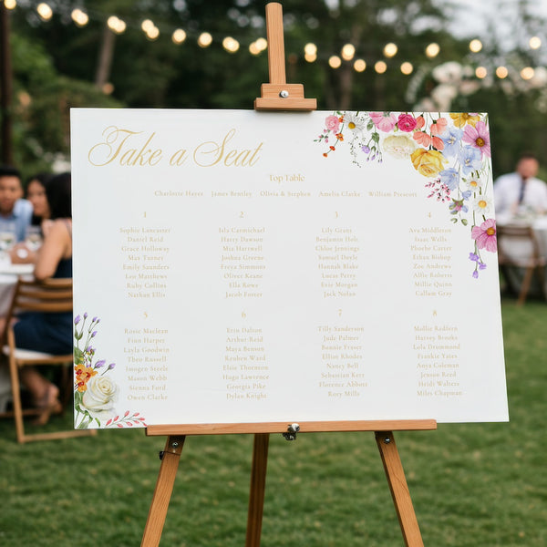 Take A Seat custom seating plan wedding sign - Our Summer Collection features beautiful wedding stationery and signage with gentle summer colours, vibrant florals, and soft butter yellow text – perfect for adding a fresh, romantic feel to your special day.