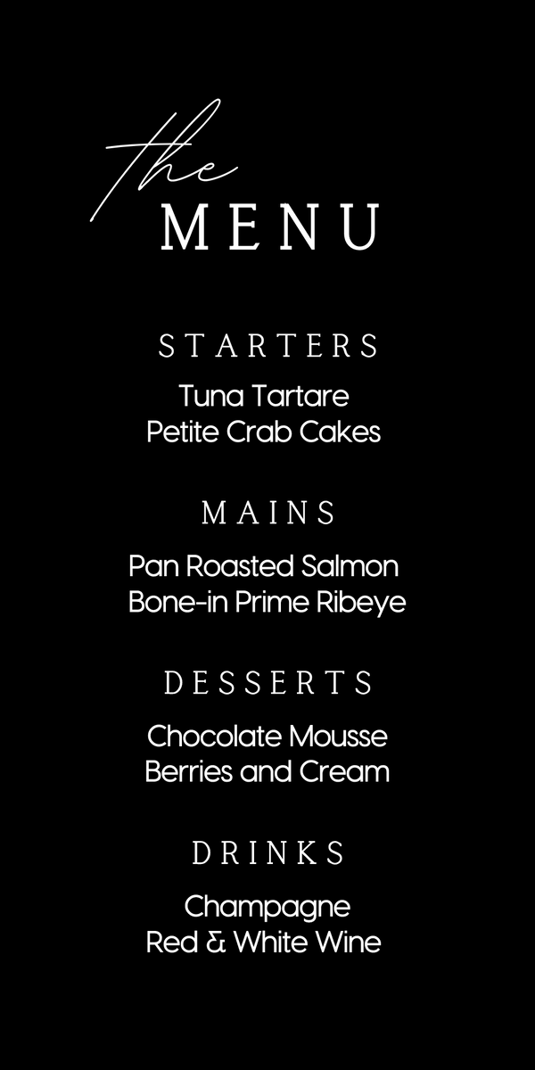 timeless black personalised wedding menu - affordable custom wedding menus