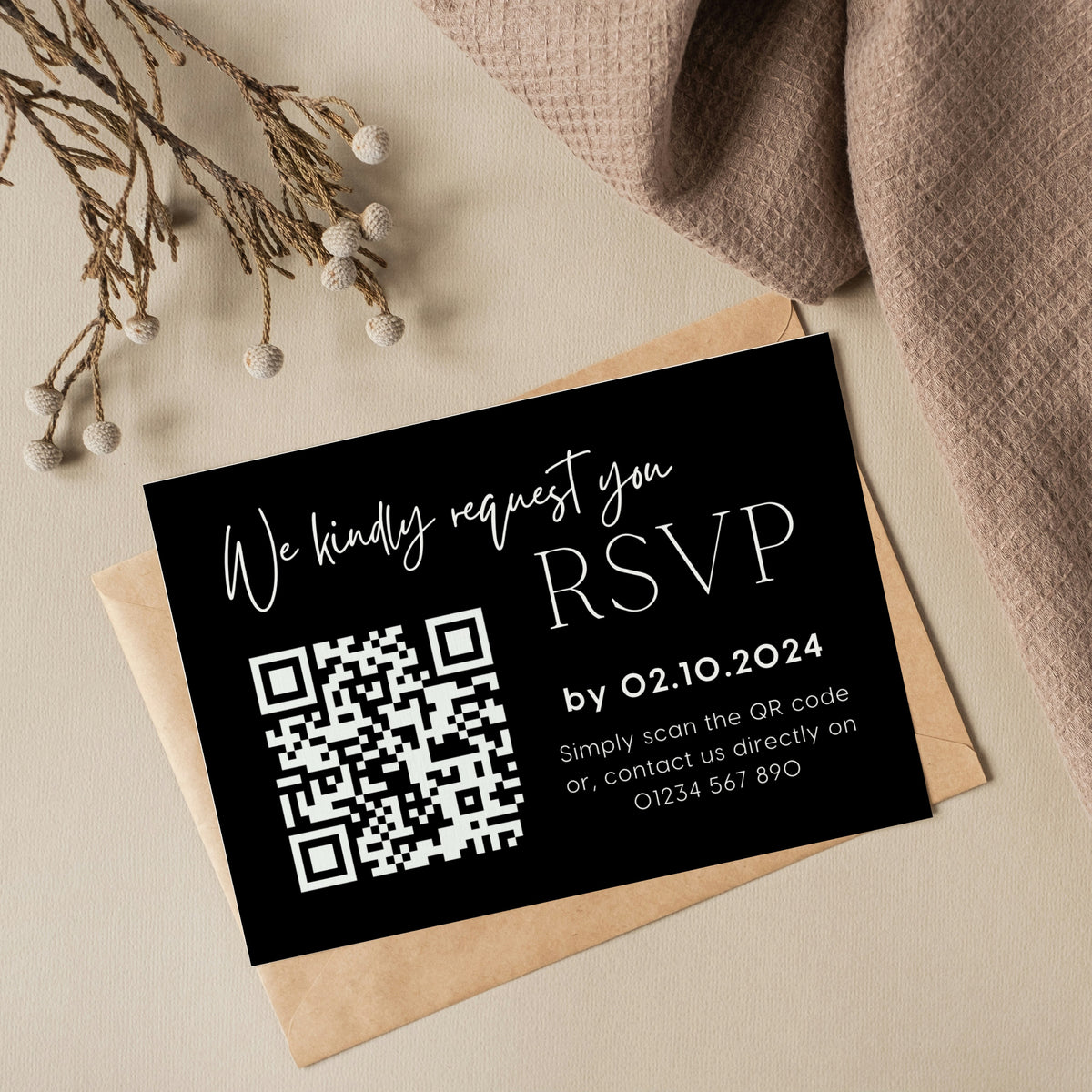 timeless black wedding RSVP with QR - personalised wedding RSVPs invitations