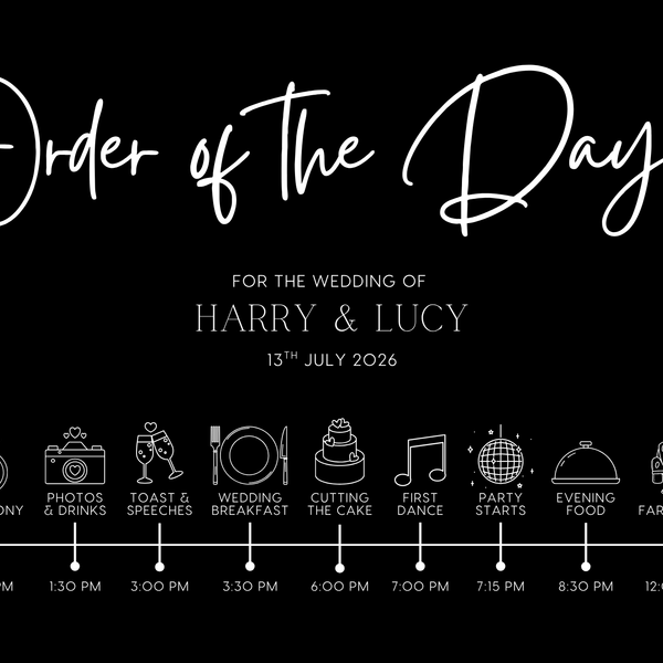 Black order of the day sign customised. A timeless and chic black wedding board, featuring crisp and sophisticated white text.