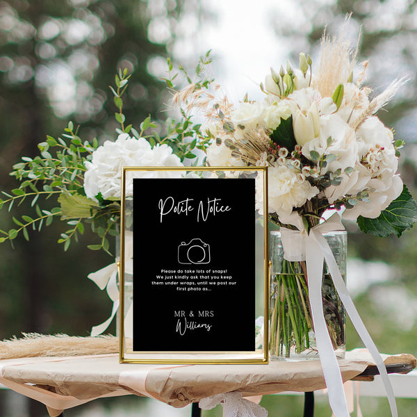 timeless black polite notice wedding reception sign - photography polite notice - social media notice