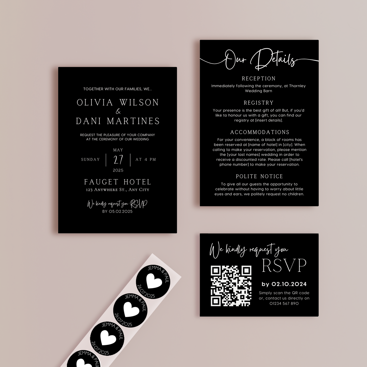 timeless black wedding stationery essentials bundle - wedding stationery bundle customised - wedding invites bundle with rsvp - personalised wedding invites rsvp bundle