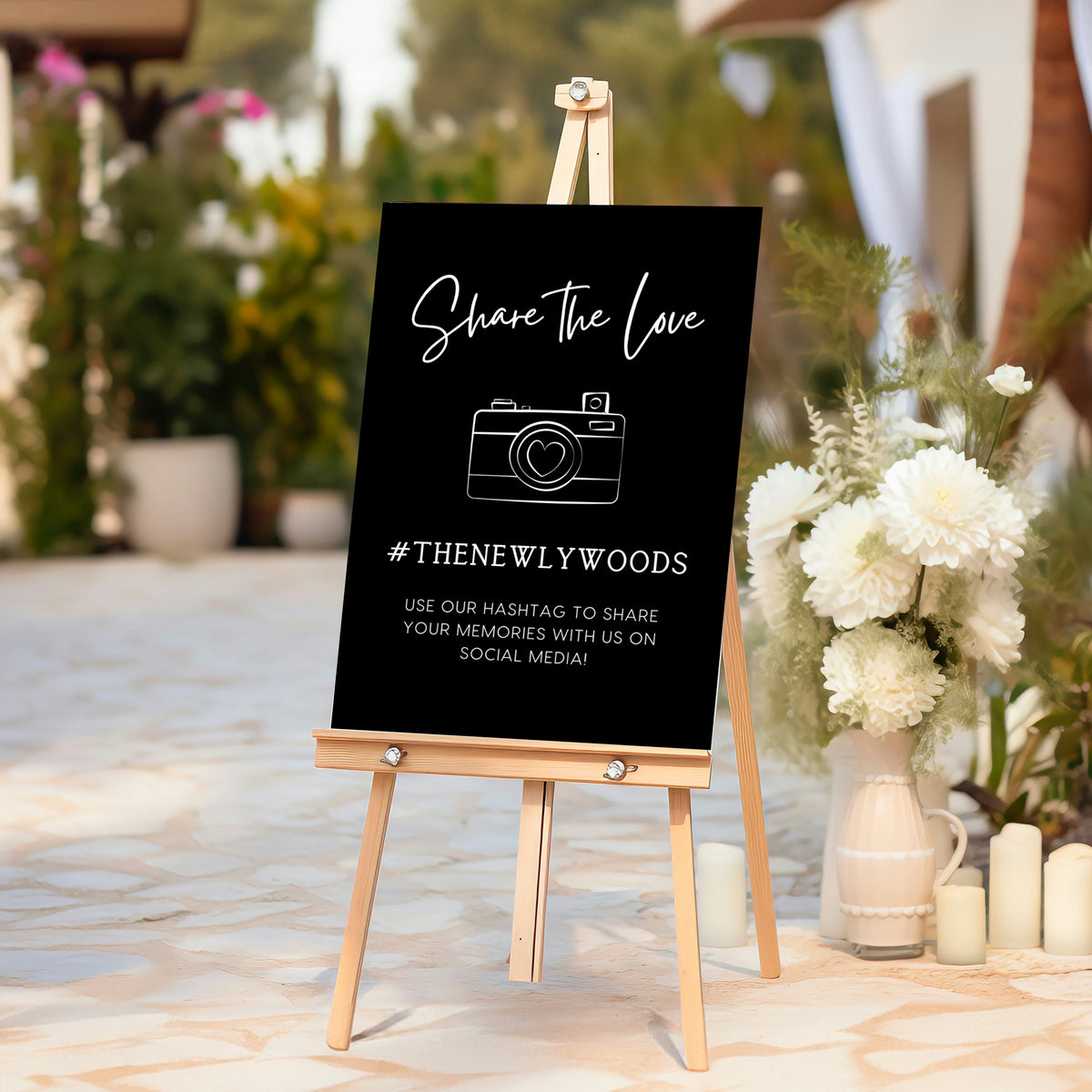 timeless black wedding hashtag sign - affordable personalised wedding signs