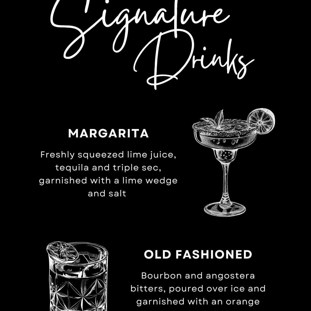 Timeless Black Wedding Signature Drinks Sign - Elegant signature drinks sign personalised