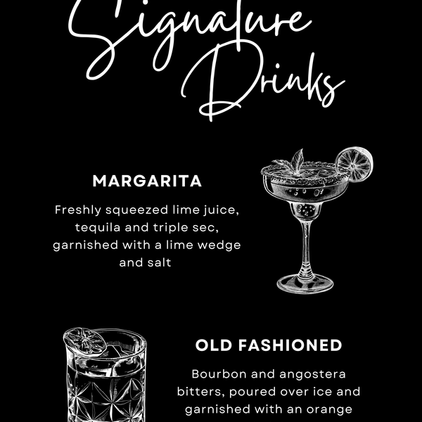 Timeless Black Wedding Signature Drinks Sign - Elegant signature drinks sign personalised