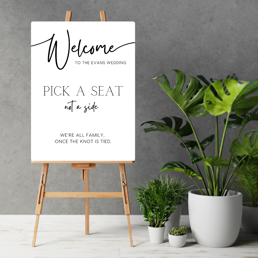 Timeless white pick a seat not a side wedding ceremony sign - affordable wedding ceremony signs