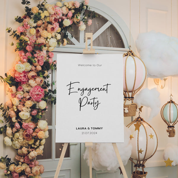 timeless white engagement party sign | personalised engagement party welcome board