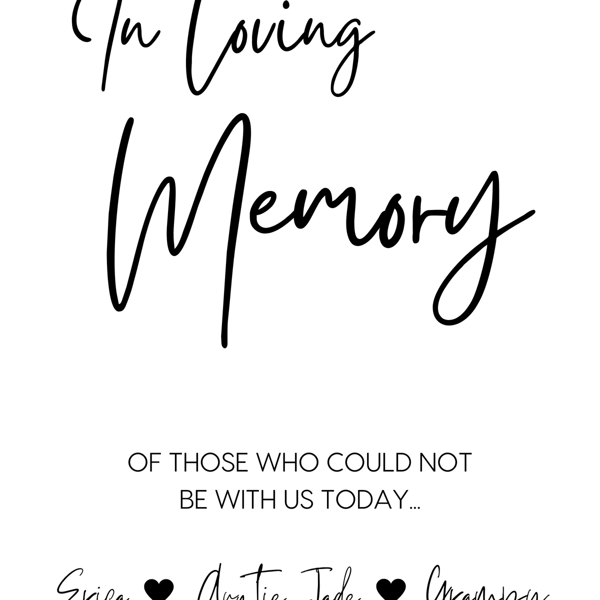 timeless white in loving memory table sign - affordable personalised wedding signs