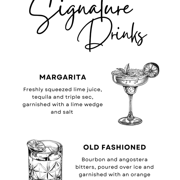 Timeless White Wedding Signature Drinks Sign - Elegant signature drinks sign personalised