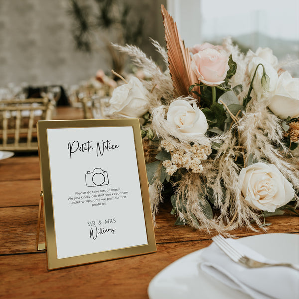 timeless white polite notice wedding reception sign - photography polite notice - social media notice