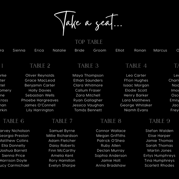 timeless black wedding seating plan sign - personalised wedding board