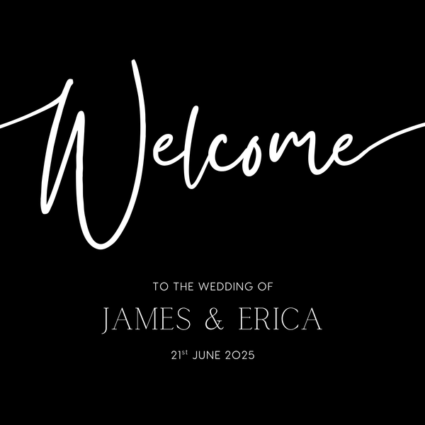 Black wedding welcome sign with custom details - a sleek black background with crisp white text, for a modern and sophisticated welcome to your special day