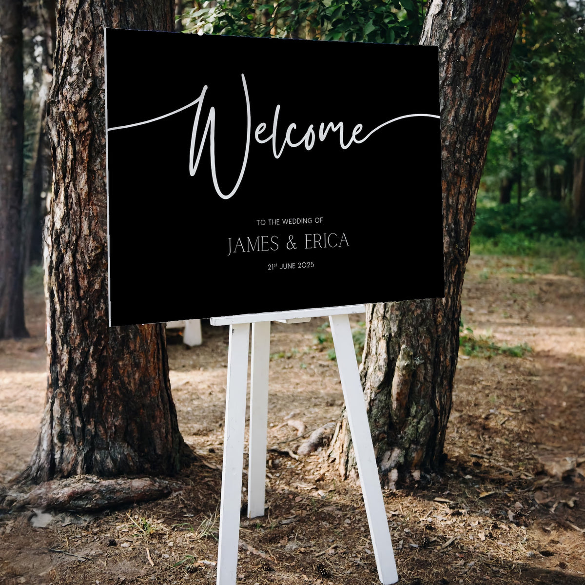 Black wedding welcome sign with custom details - a sleek black background with crisp white text, for a modern and sophisticated welcome to your special day