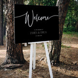 Black wedding welcome sign with custom details - a sleek black background with crisp white text, for a modern and sophisticated welcome to your special day