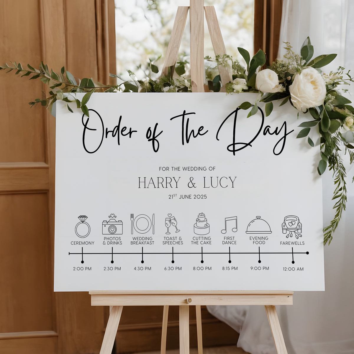 timeless white order of the day wedding sign - personalised wedding wedding sign, with a crisp white background and sophisticated black text