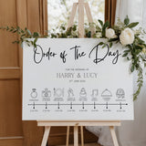 timeless white order of the day wedding sign - personalised wedding wedding sign, with a crisp white background and sophisticated black text