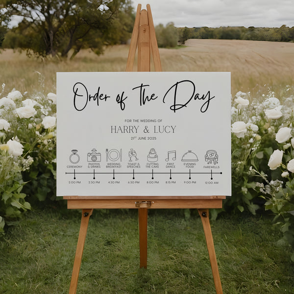 timeless white order of the day wedding sign - personalised wedding wedding sign, with a crisp white background and sophisticated black text