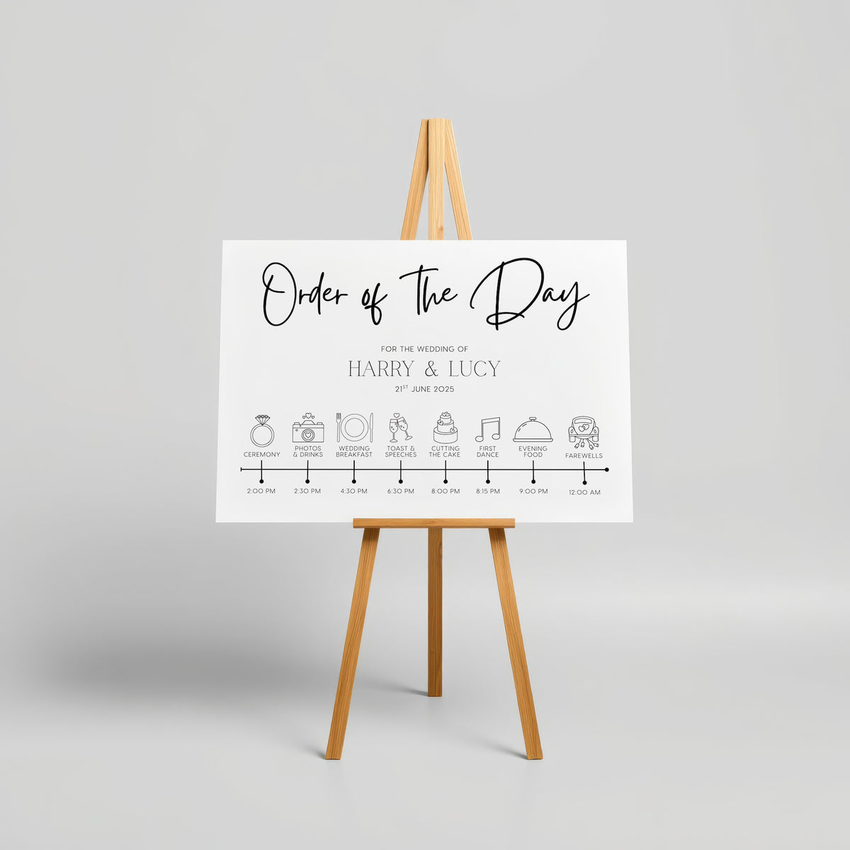 timeless white order of the day wedding sign - personalised wedding wedding sign, with a crisp white background and sophisticated black text