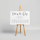 timeless white order of the day wedding sign - personalised wedding wedding sign, with a crisp white background and sophisticated black text