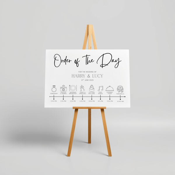 timeless white order of the day wedding sign - personalised wedding wedding sign, with a crisp white background and sophisticated black text