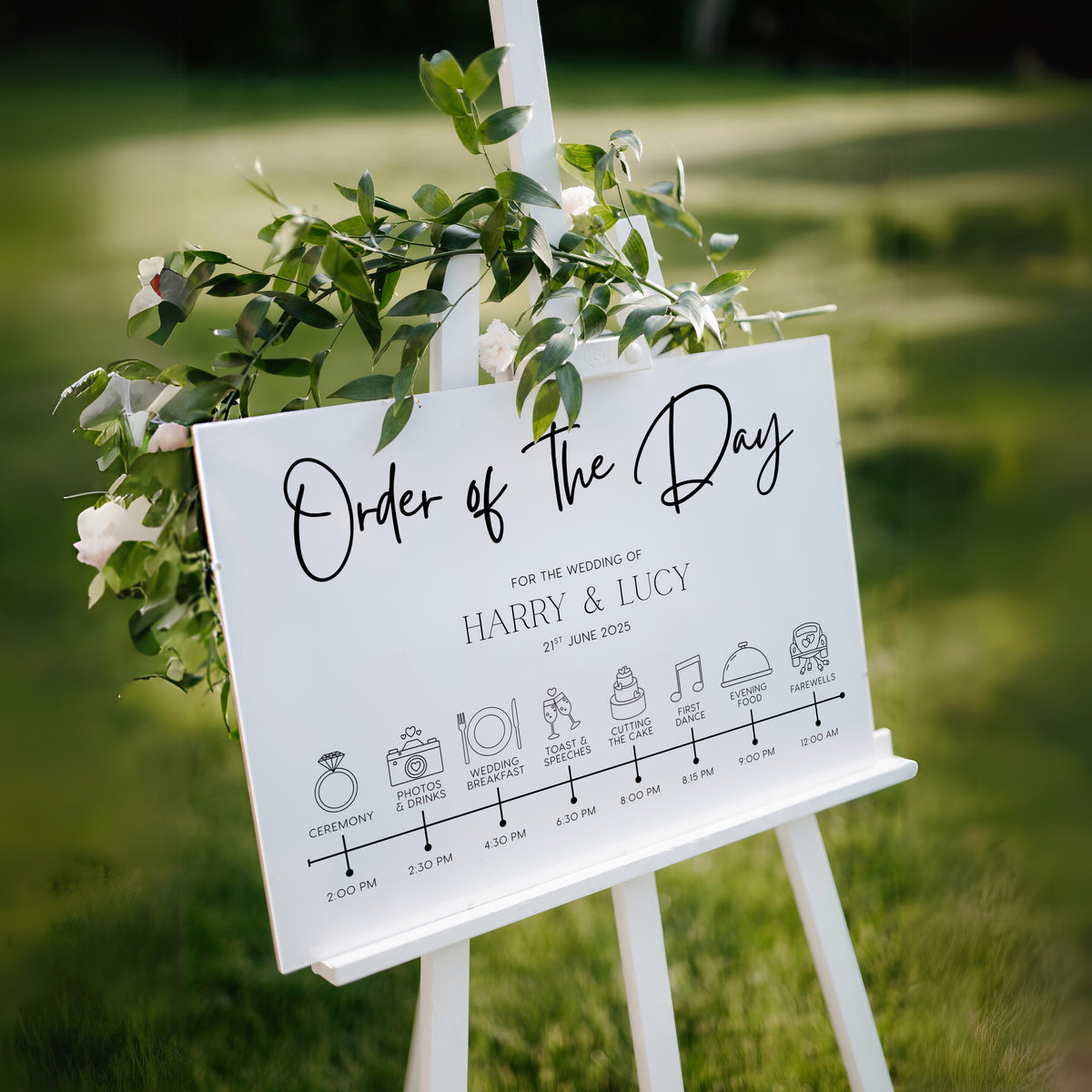 timeless white order of the day wedding sign - personalised wedding wedding sign, with a crisp white background and sophisticated black text