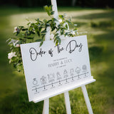 timeless white order of the day wedding sign - personalised wedding wedding sign, with a crisp white background and sophisticated black text