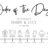 timeless white order of the day wedding sign - personalised wedding wedding sign, with a crisp white background and sophisticated black text