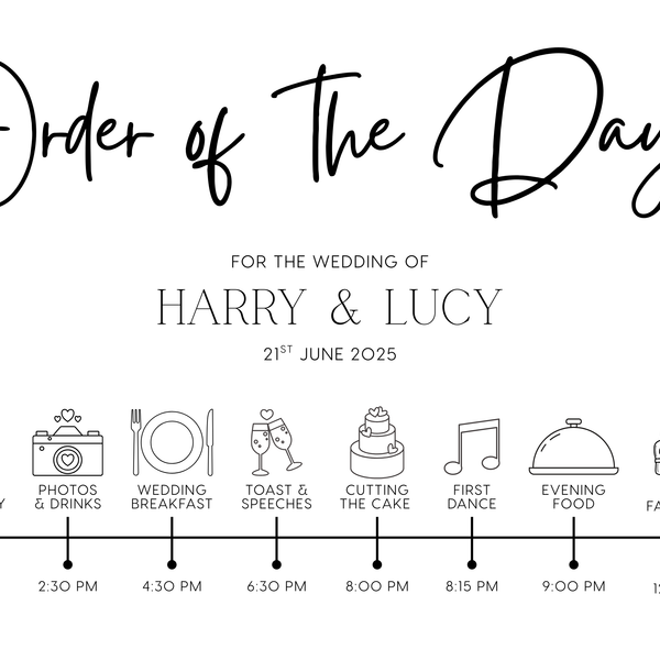 timeless white order of the day wedding sign - personalised wedding wedding sign, with a crisp white background and sophisticated black text