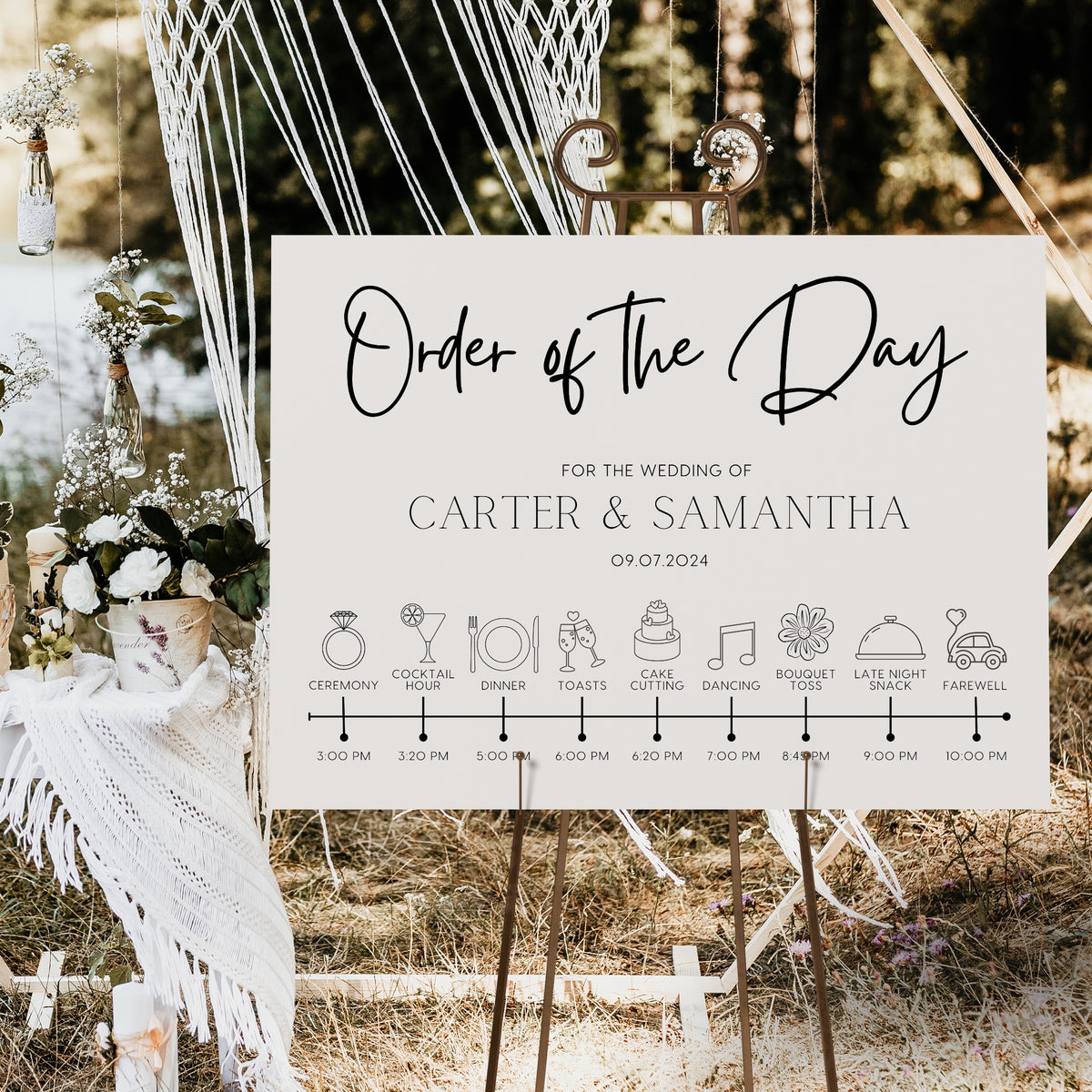 Timeless design white order of the day sign for weddings - personalised - customizable