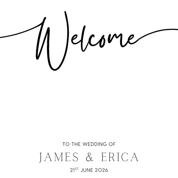 timeless white wedding welcome sign personalised - A custom wedding welcome sign, in a minimalist white design, featuring a plain white background and elegant black typography with your unique details