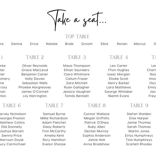 white wedding seating plan chart - personalised wedding board in timeless white
