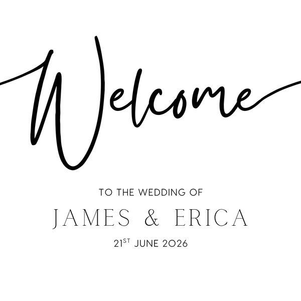 timeless white wedding welcome sign personalised - A custom wedding welcome sign, in a minimalist white design, featuring a plain white background and elegant black typography with your unique details