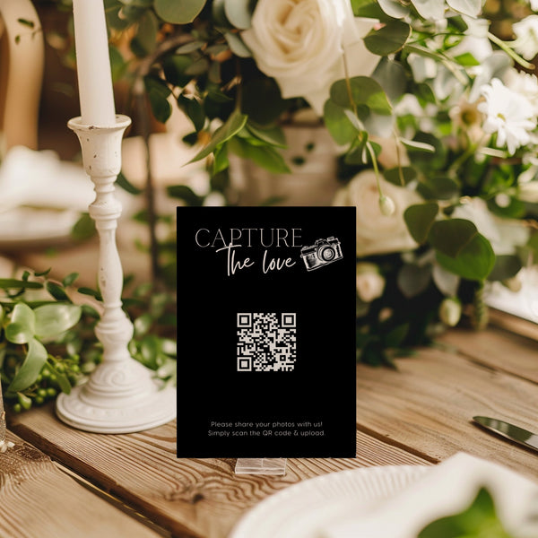 timeless black photo sharing qr code sign for wedding tables - luxury wedding table signage for guests to share photos