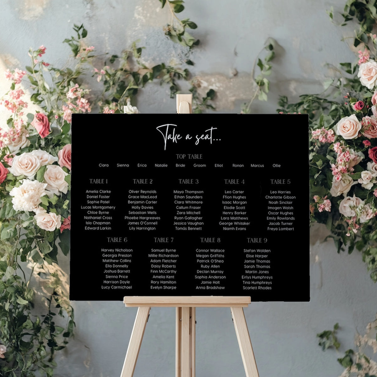 timeless black wedding seating plan sign - personalised wedding board