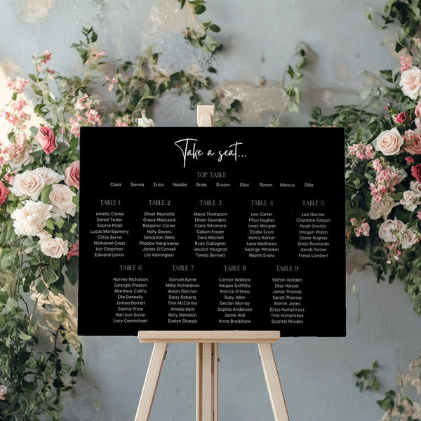 timeless black wedding seating plan sign - personalised wedding board