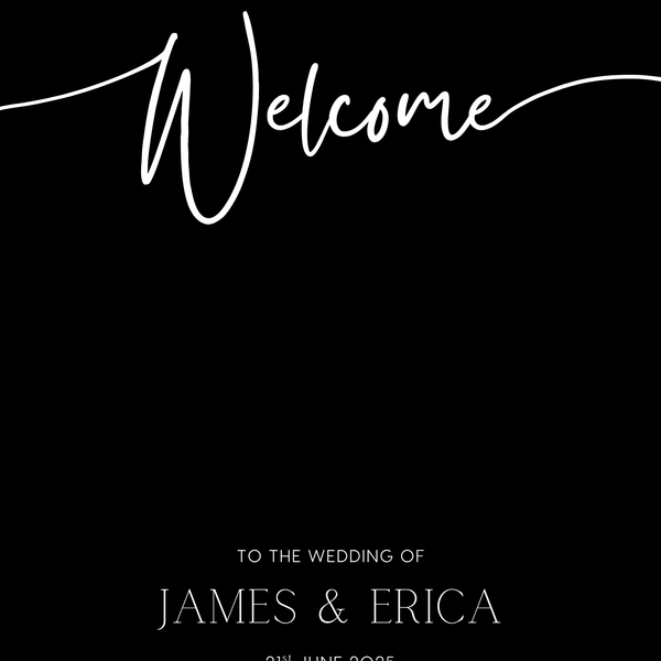 Black wedding welcome sign with custom details - a sleek black background with crisp white text, for a modern and sophisticated welcome to your special day