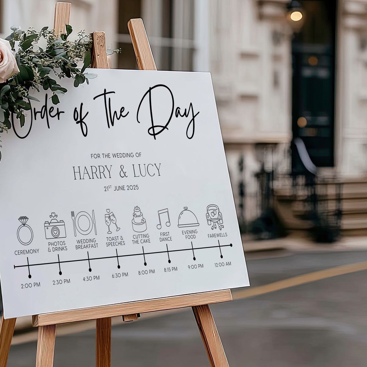 timeless white order of the day wedding sign - personalised wedding wedding sign, with a crisp white background and sophisticated black text