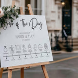 timeless white order of the day wedding sign - personalised wedding wedding sign, with a crisp white background and sophisticated black text