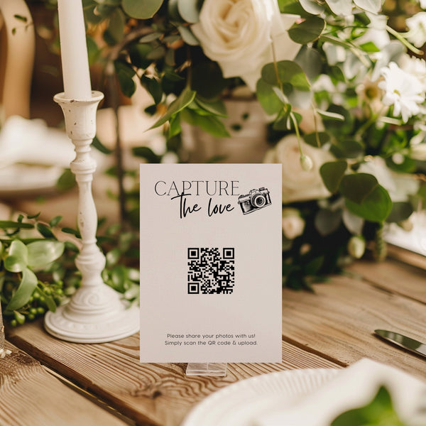 timeless white photo sharing qr code sign for wedding tables - luxury wedding table signage for guests to share photos