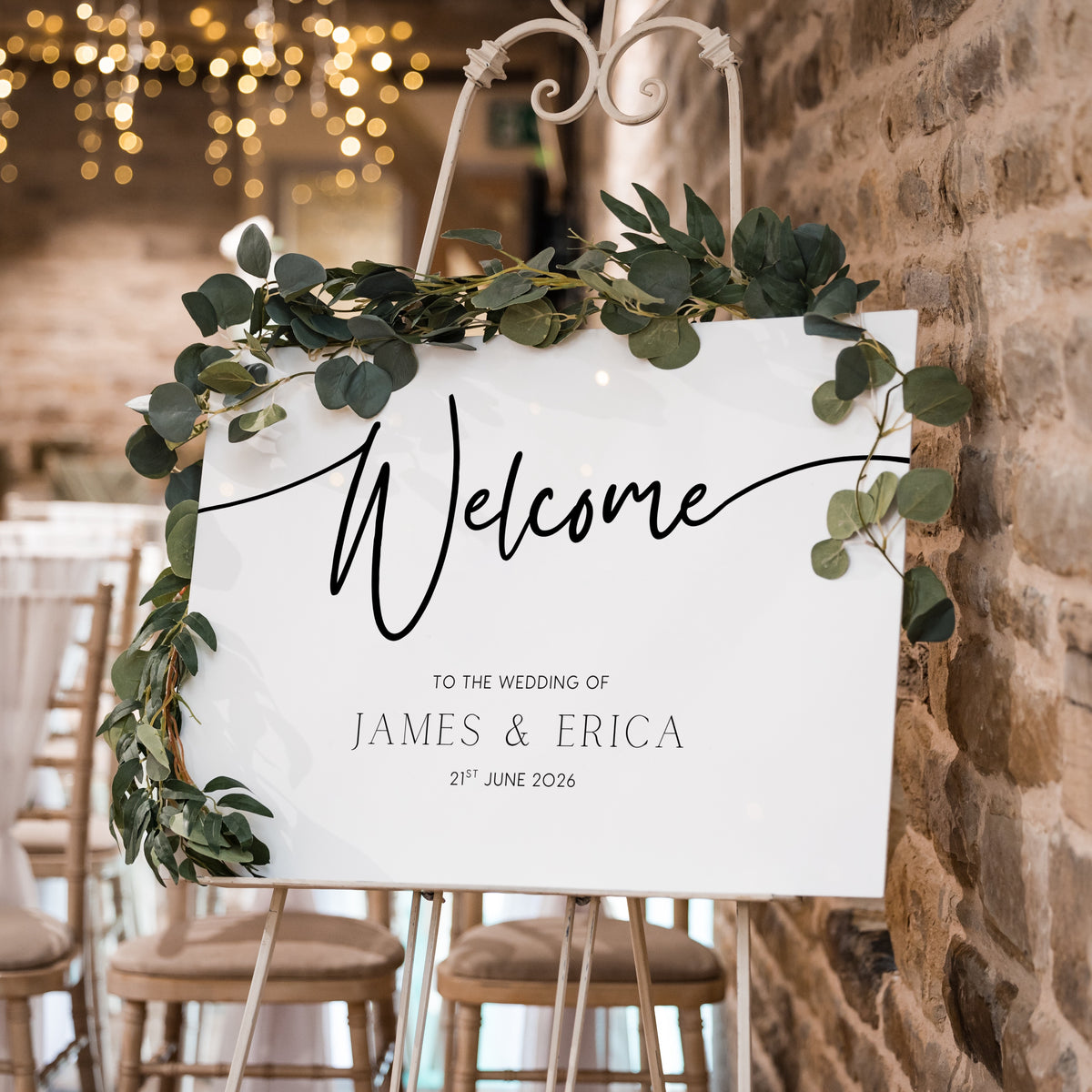 timeless white wedding welcome sign personalised - A custom wedding welcome sign, in a minimalist white design, featuring a plain white background and elegant black typography with your unique details