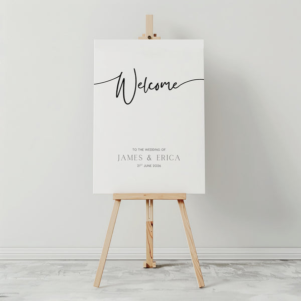 timeless white wedding welcome sign personalised - A custom wedding welcome sign, in a minimalist white design, featuring a plain white background and elegant black typography with your unique details
