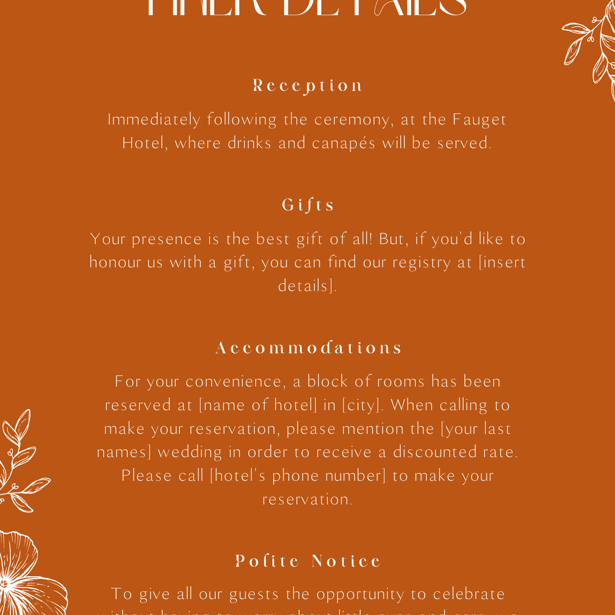 Personalised Toasted Amber Wedding Invitation 5x7 inch wedding stationery with burnt orange background and white botanical design