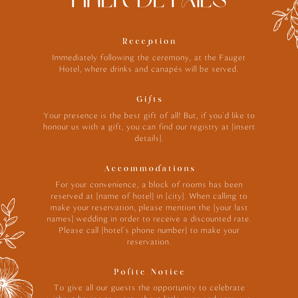 Personalised Toasted Amber Wedding Invitation 5x7 inch wedding stationery with burnt orange background and white botanical design