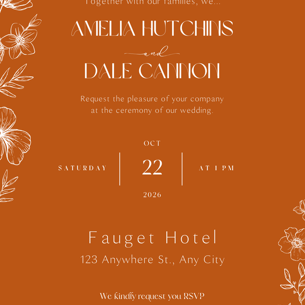 Personalised Toasted Amber Wedding Invitation 5x7 inch wedding stationery with burnt orange background and white botanical design