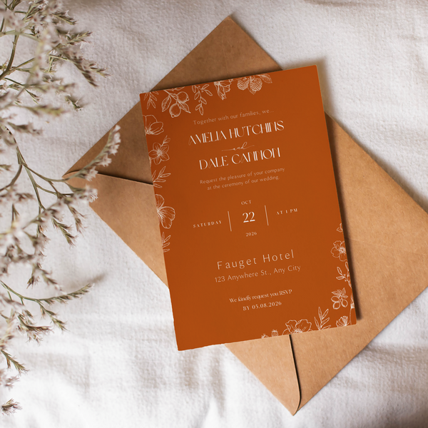 Personalised Toasted Amber Wedding Invitation 5x7 inch wedding stationery with burnt orange background and white botanical design
