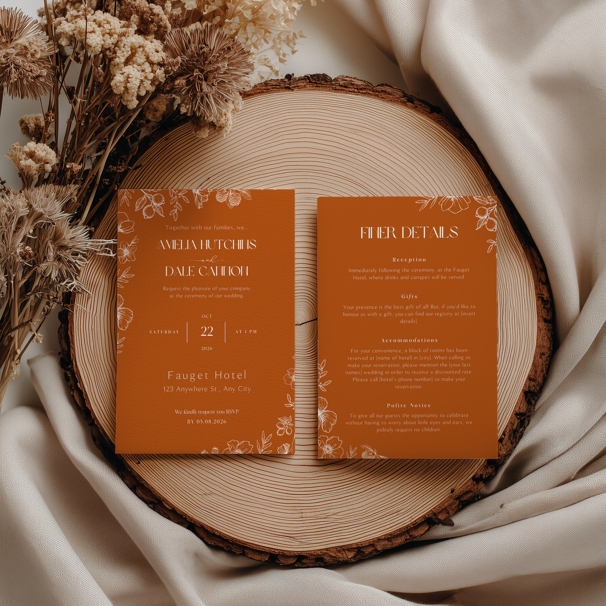 Personalised Toasted Amber Wedding Invitation 5x7 inch wedding stationery with burnt orange background and white botanical design