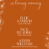 Toasted Amber in loving memory wedding table sign with burnt orange background and white botanical line art