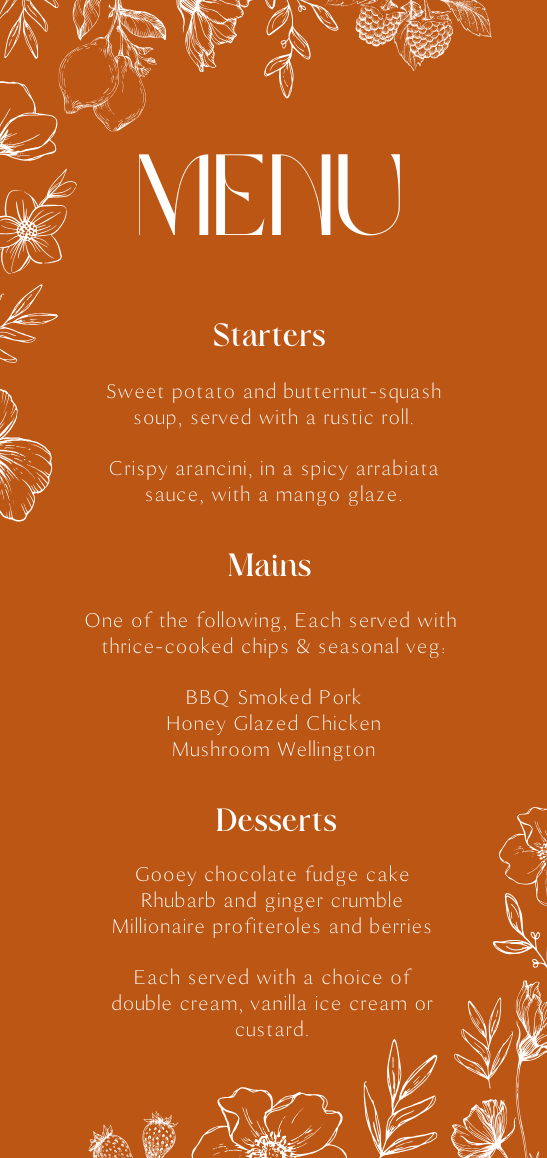 Toasted Amber wedding table number card with burnt orange background and white botanical line art